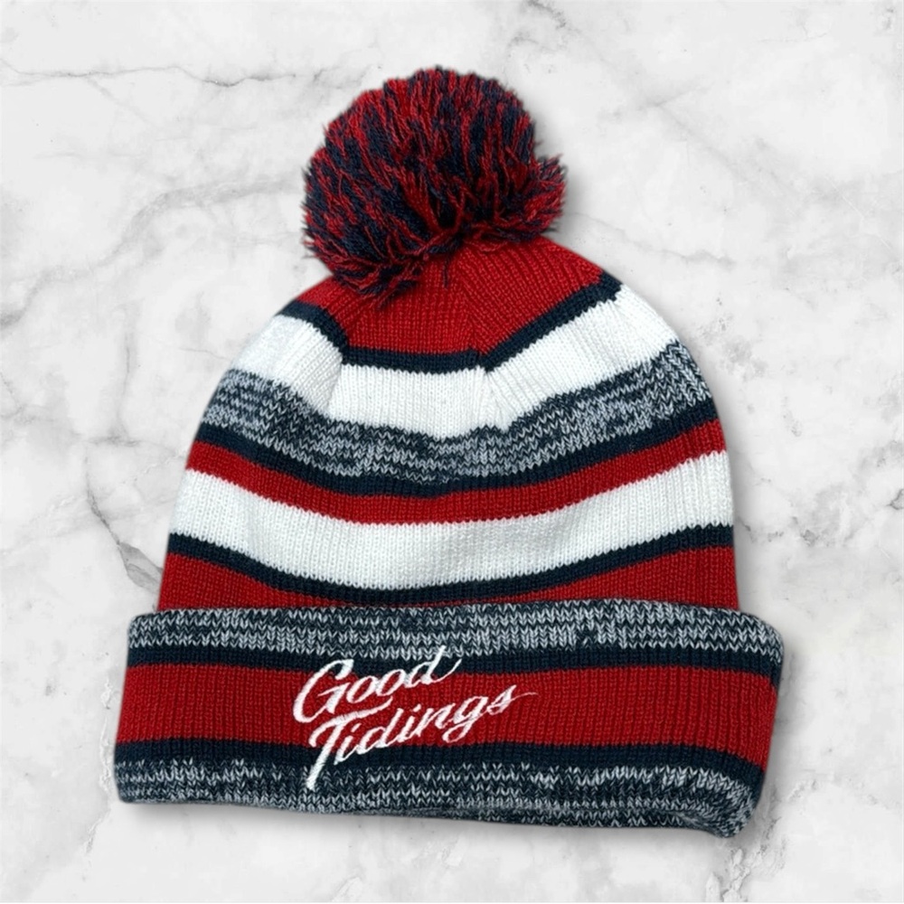 New Era Red gray white “good tidings” horizontal striped Beanie